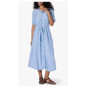 Women's Shirt dress Large Blue White Stripe Button Front Modest Short Sleeve NWT